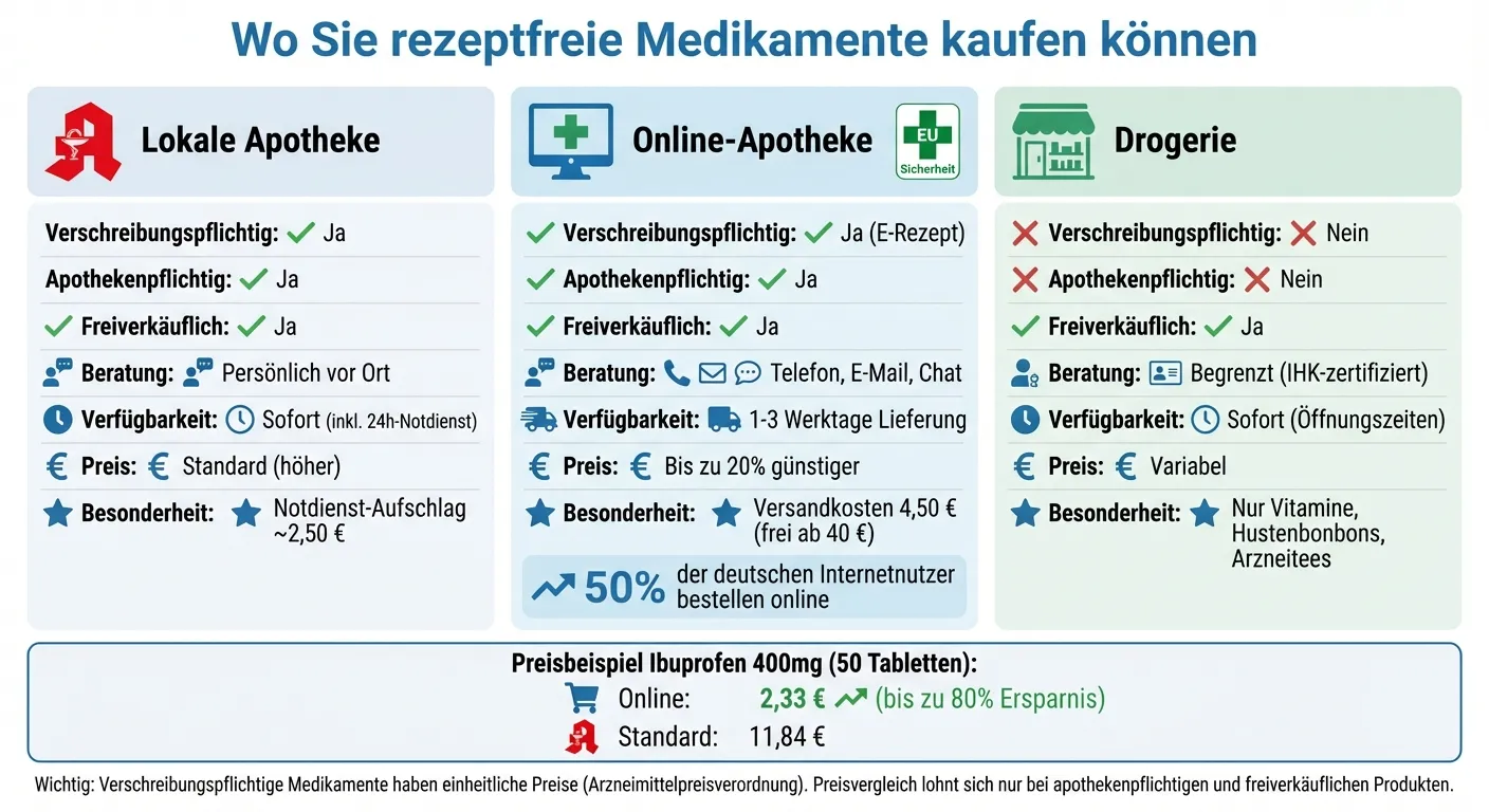 Vergleich: Lokale Apotheke vs. Online-Apotheke vs. Drogerie - Kaufoptionen für rezeptfreie Medikamente
